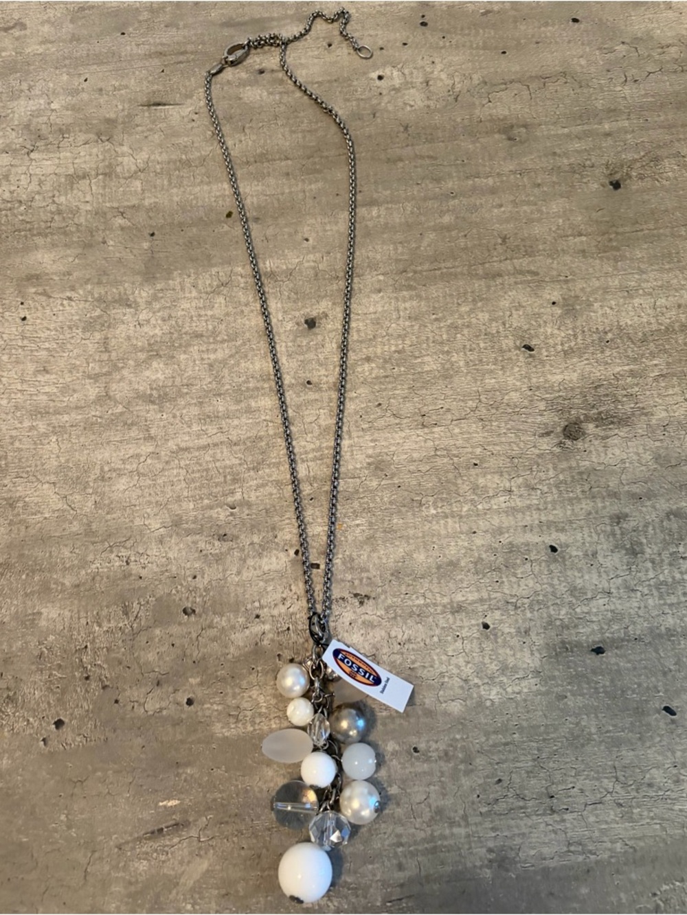 Fossil Silver Tone Necklace with White and Pearl Cluster Pendant NWT